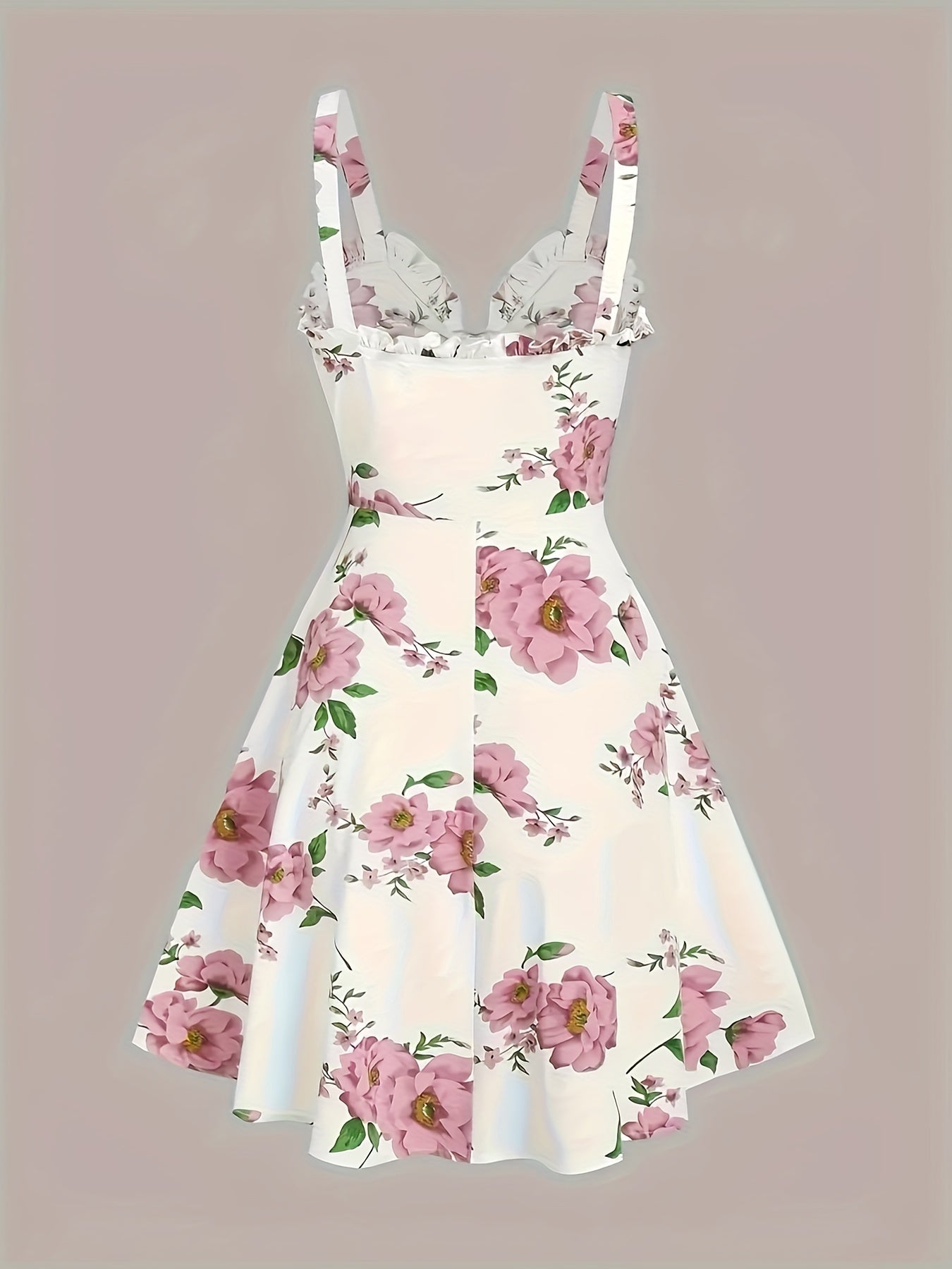 Floral Print Knotted Front Flared Dress, Elegant Sleeveless V Neck Cami Dress For Spring & Summer, Women's Clothing